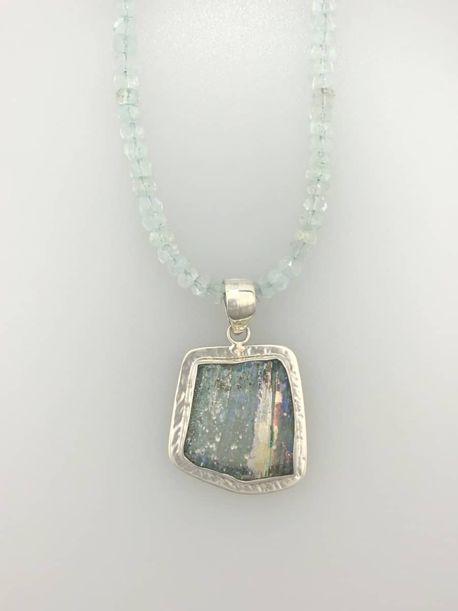Roman Glass Necklace - Hammered Silver with Stripe