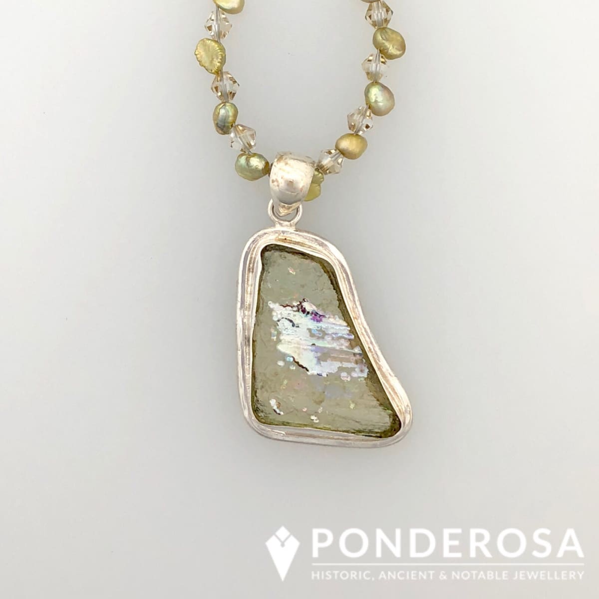 Green Roman Glass with Pearls and Crystals