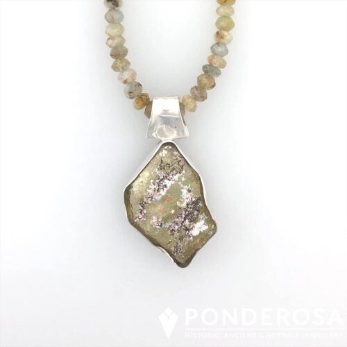 RG Geen Aqua Roman Glass Necklace - Green Pattern with Aquamarine Stones