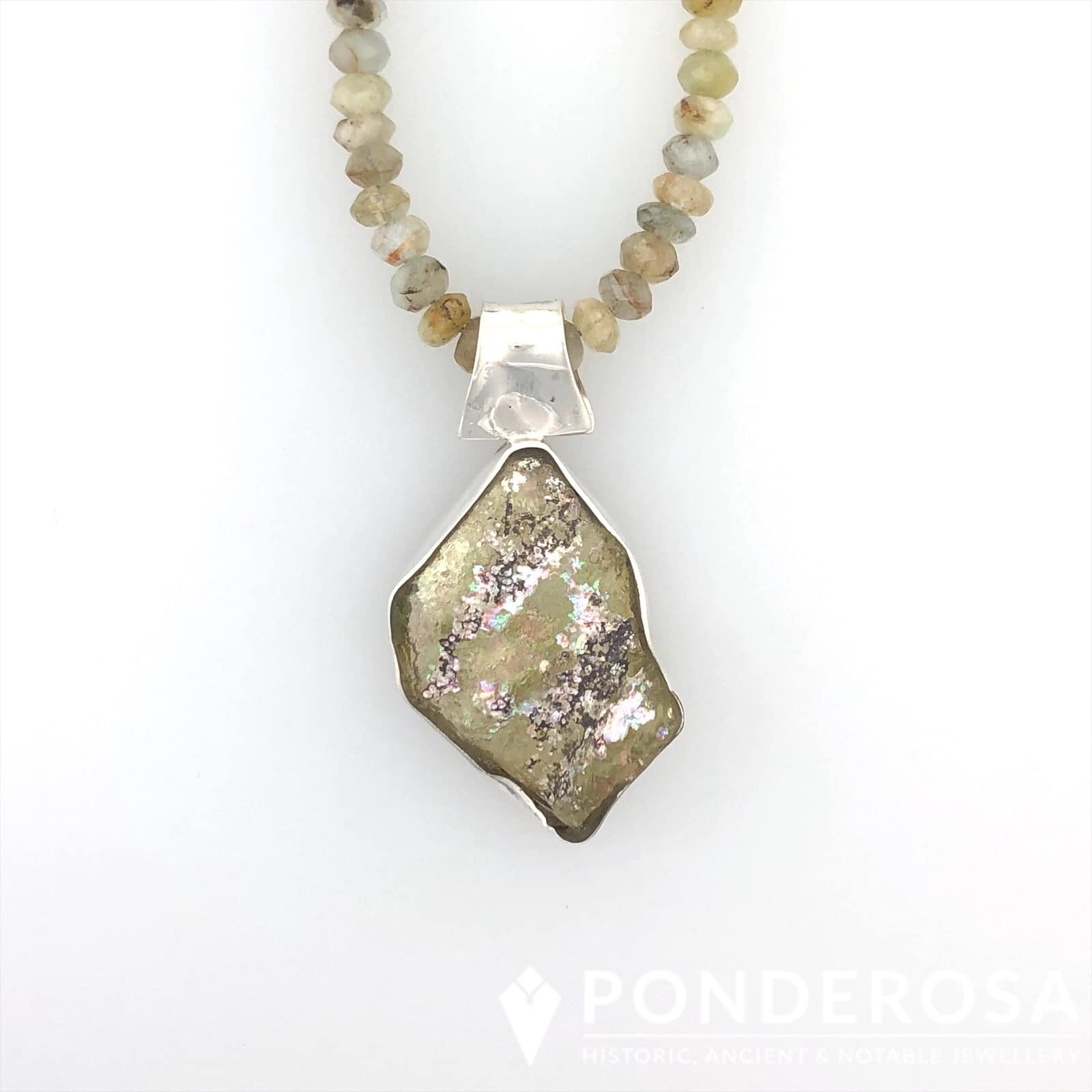 Roman Glass Necklace - Green Pattern with Aquamarine Stones