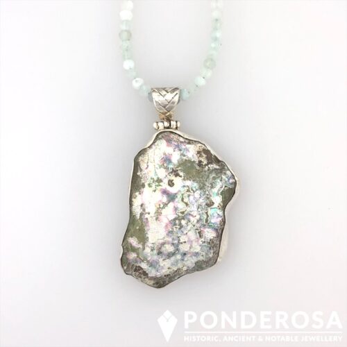 RG light Patina Roman Glass Necklace - Crazy Patina with Aquamarine Stones