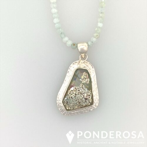 RG Aqua Roman Glass - Hammered Silver with Aquamarine Stones